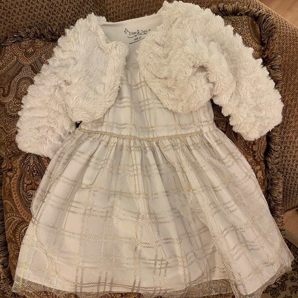 Pippa & Julie, White Dress with Faux Fur Cardigan, Size 2T